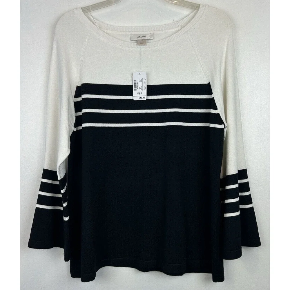 CJ Banks Sweater Womans X Round Neck Long Sleeve Black White Flare Sleeve New